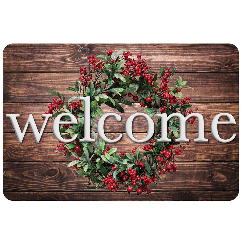 The Original Fun Mat™, Welcome Mat, 15.5" x 23.5", Winter Berries Wreath Rustic Wood Welcome