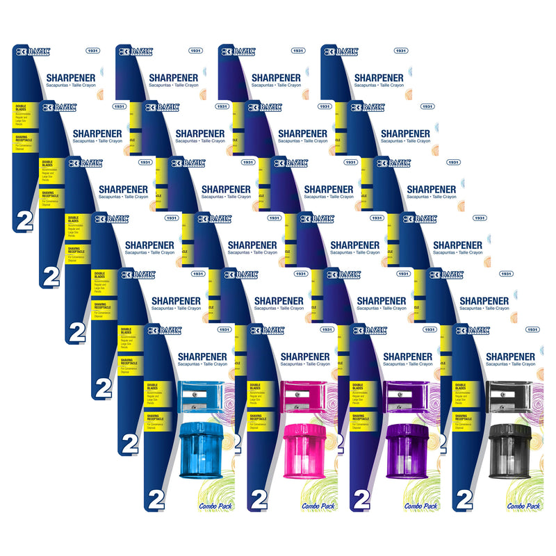 Dual Blade Square Sharpener with Receptacle & Round Receptacle Sharpener, Assorted Colors, 2 Per Pack, 24 Packs