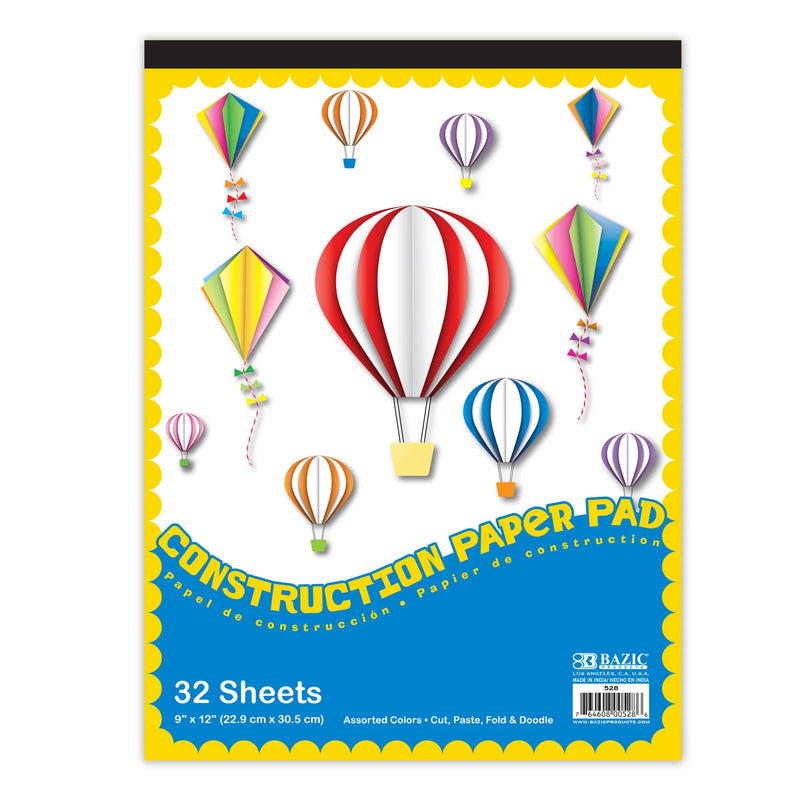 Construction Paper Pad, 9" x 12", 32 Sheets, Pack of 12