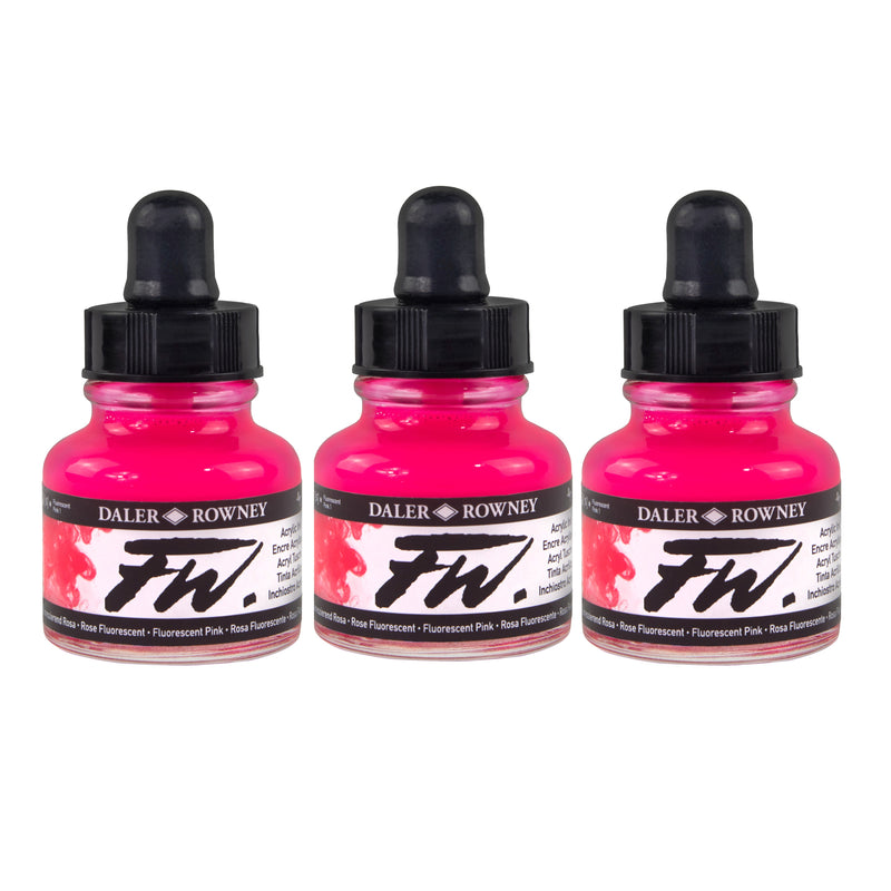 FW Acrylic Ink, Fluorescent Pink, 29.5ml, Pack of 3
