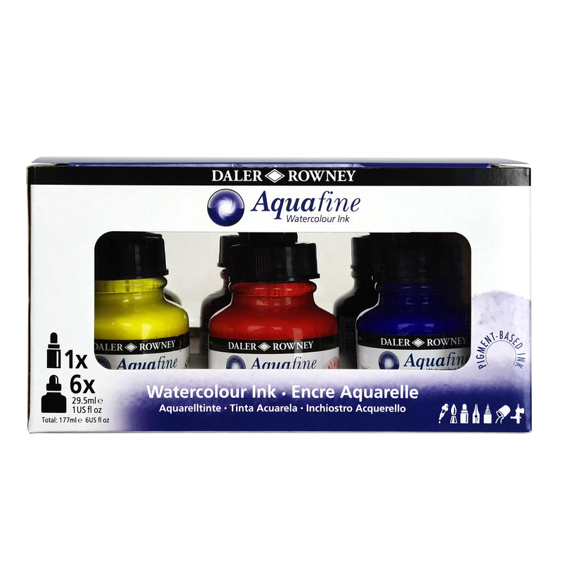 Aquafine Watercolor Ink Introduction Set with Empty Marker, Assorted Colors, 29.5ml, 6 Pieces