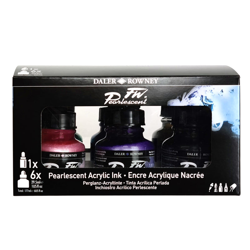 FW Acrylic Ink Pearlescent Set with Empty Marker, Assorted Colors, 29.5ml, 6 Pieces