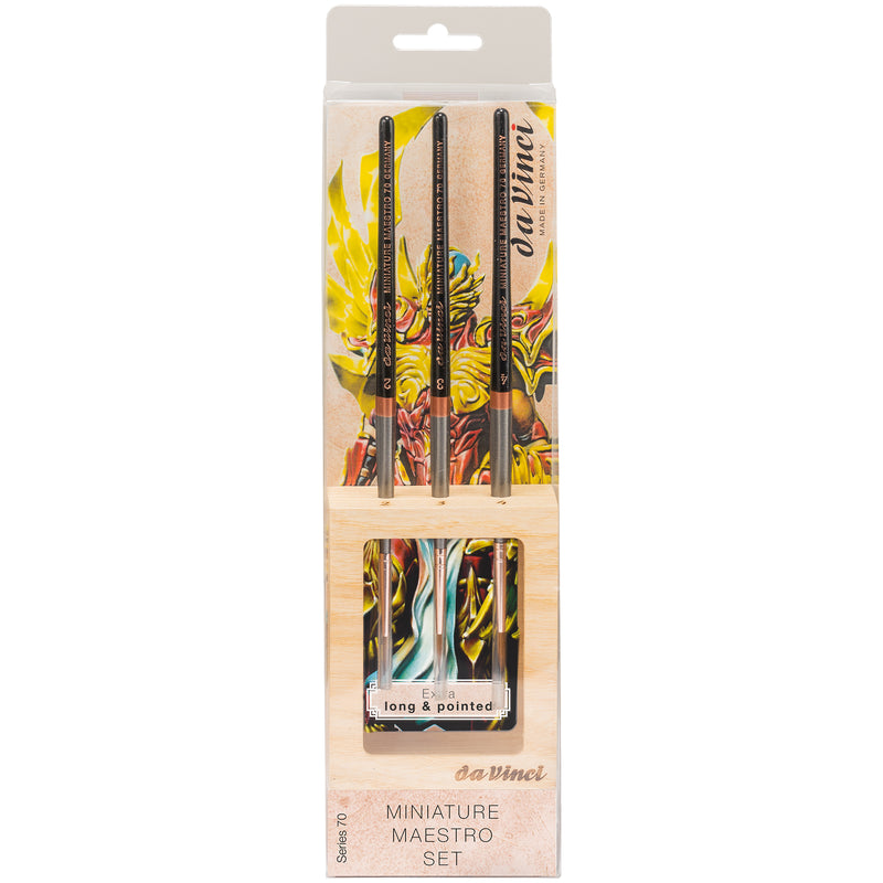 MINIATURE MAESTRO Miniature Brushes, Natural Kolinsky Red Sable, All Paint Types, Pointed, Series 70, Assorted, 3 Brush Set in Wooden Stand