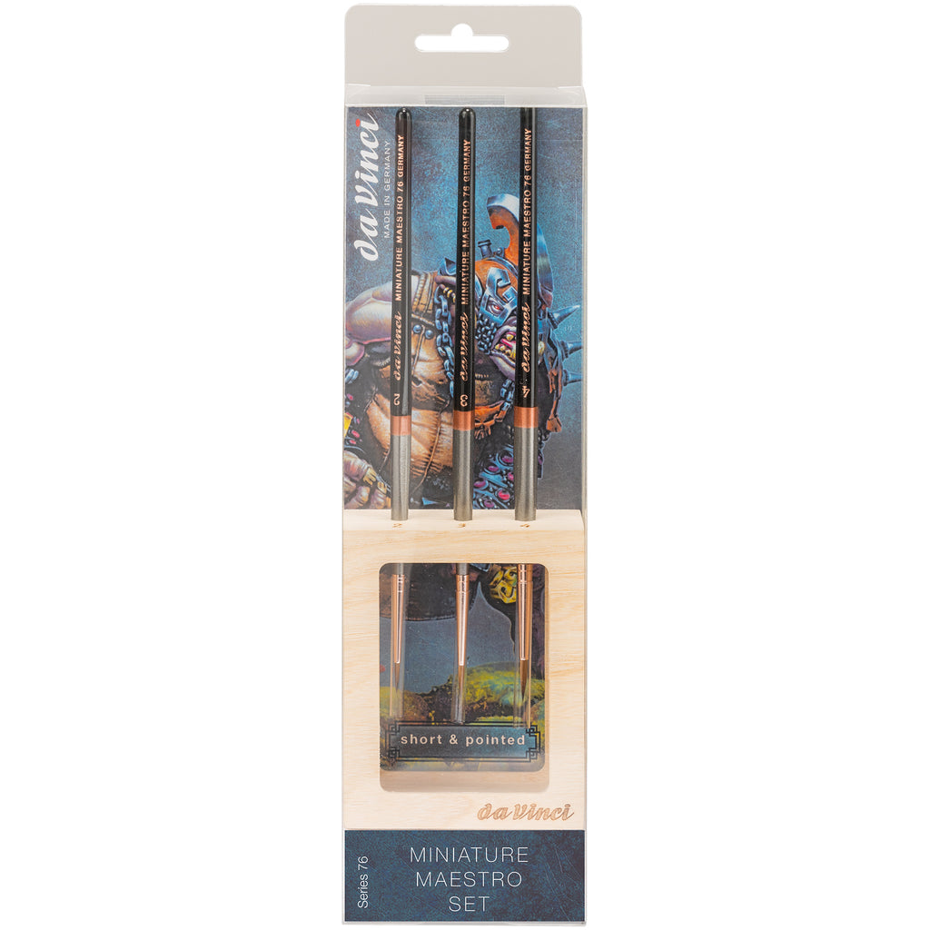 MINIATURE MAESTRO Miniature Brushes, Natural Kolinsky Red Sable, All Paint Types, Pointed, Series 76, Assorted, 3 Brush Set in Wooden Stand