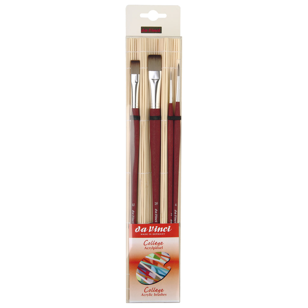 COLLEGE Student Brush, Synthetic, Acrylic & Oil, Assorted, 4 Brush Set in Bamboo Carrier