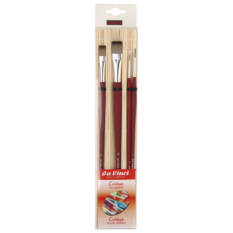 COLLEGE Student Brush, Synthetic, Acrylic & Oil, Assorted, 4 Brush Set in Bamboo Carrier