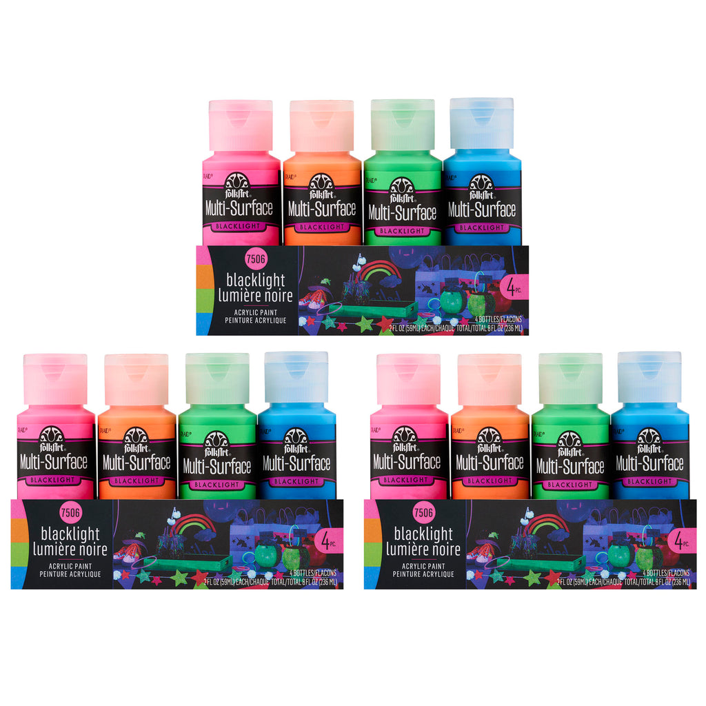Multi-Surface Acrylic Paint Set, 2oz., Neon Blacklight, 4 Per Set, 3 Sets