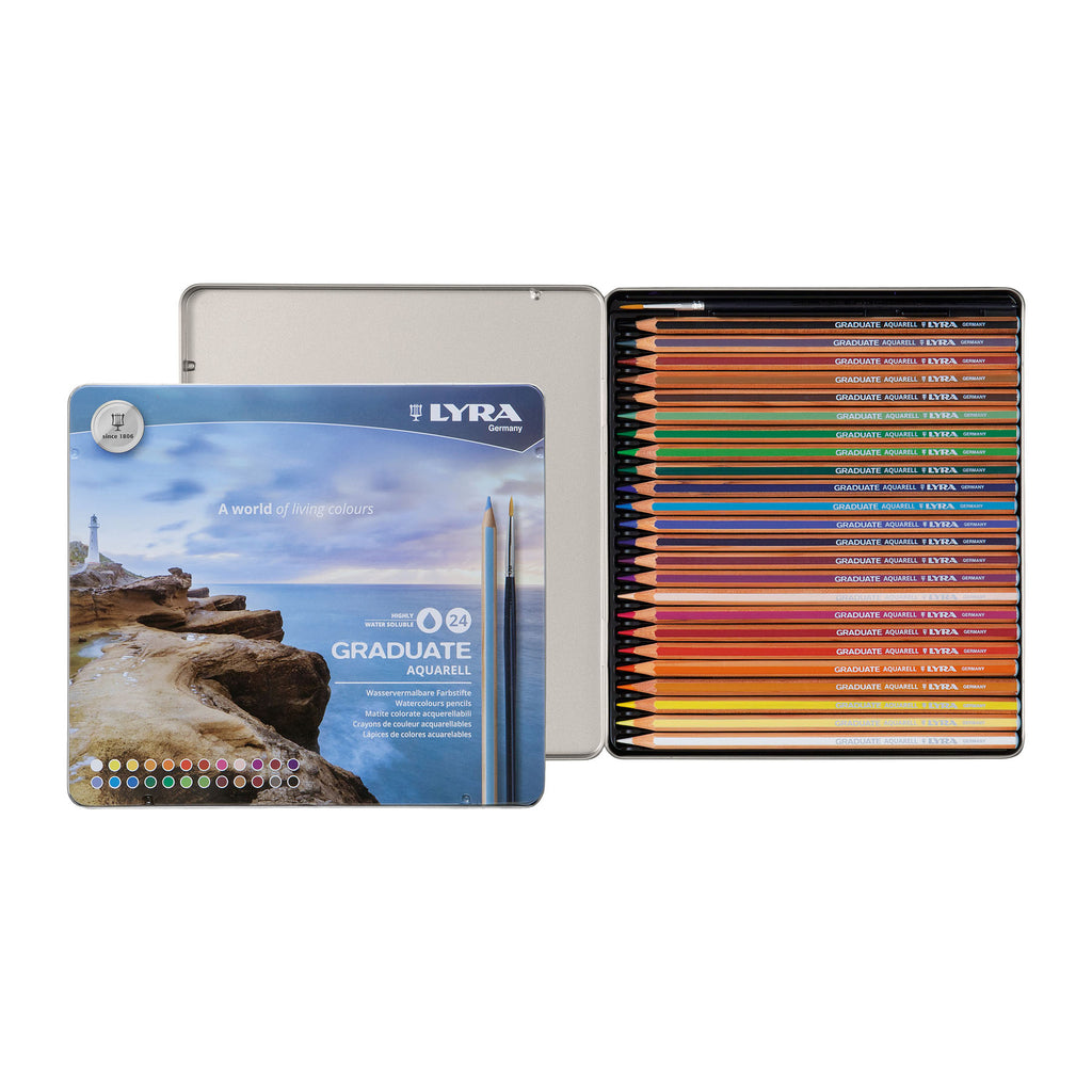 Graduate Watercolor Pencils Set Tin with Brush, Assorted Colors, 24 Pieces