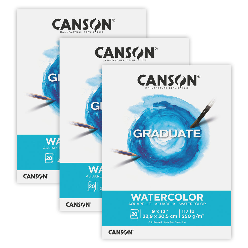 Graduate Watercolor Pad, Foldover Binding, 20 Sheet, 9x12 inch, Pack of 3