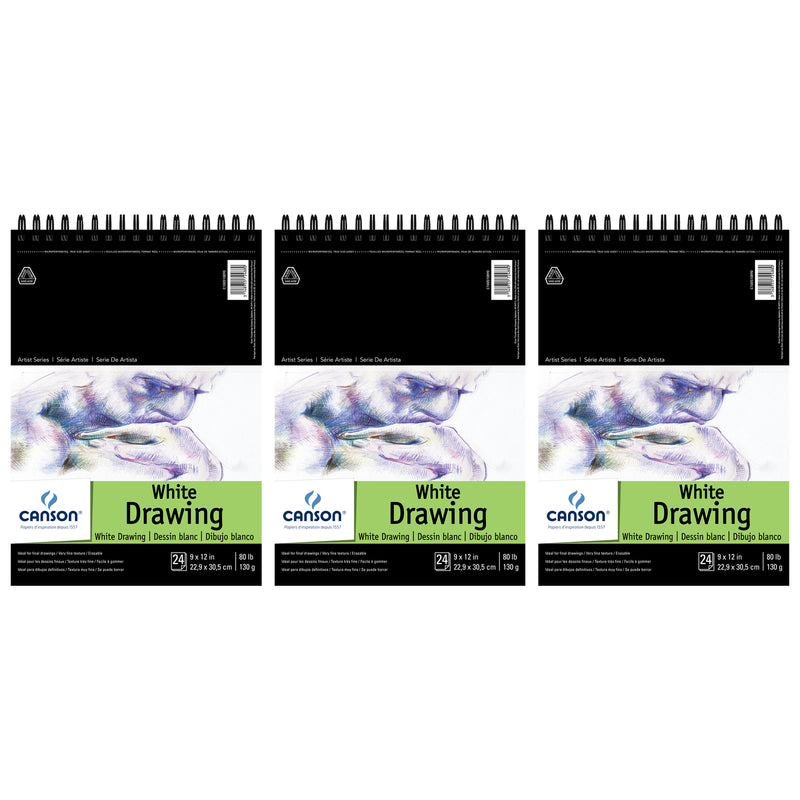 Artist Series Drawing Pad, Bright White, Top Wire Binding, 24 Sheet, 9x12 inch, Pack of 3
