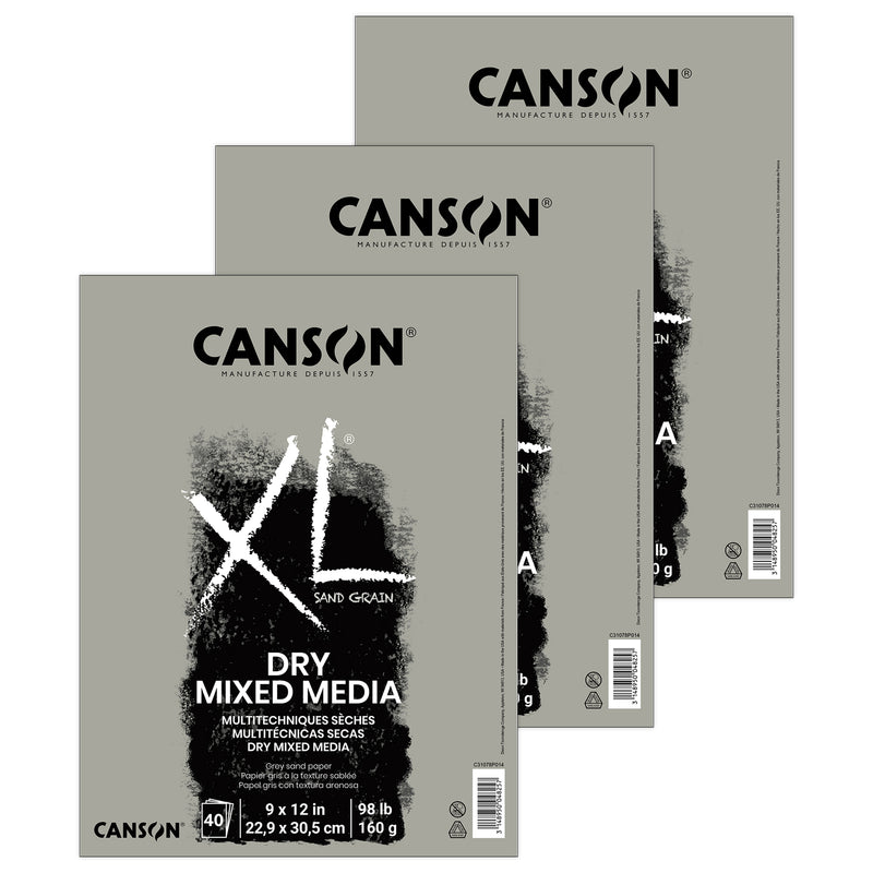 XL Series Mixed Media Pad, Toned Gray, Foldover Binding, 10 Sheet, 9x12 inch, Pack of 3