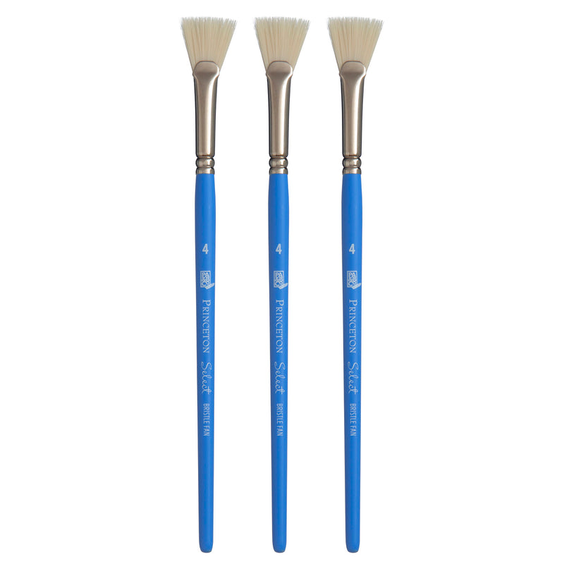 Select Artiste Bristle Fan Brush, Synthetic Bristles, Short Handle Mixed Media Paintbrush, Jewel Blue, Size 4, Pack of 3
