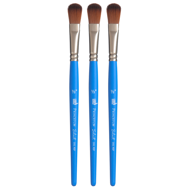 Select Artiste Oval Mop Brush, Synthetic Bristles, Short Handle Mixed Media Paintbrush, Jewel Blue, Size 1/2 inch, Pack of 3