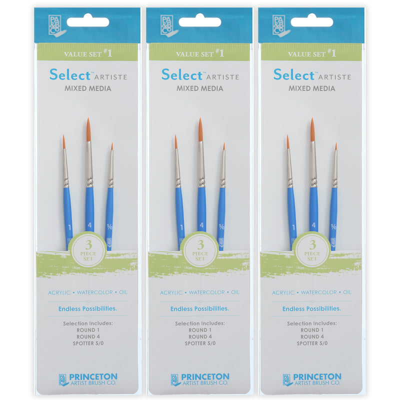 Select Artiste Brush Set No. 1, Synthetic Bristles, Short Handle Mixed Media Paintbrush, Jewel Blue, 3 Per Set, 3 Sets