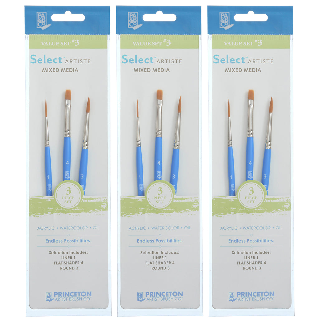 Select Artiste Brush Set No. 3, Synthetic Bristles, Short Handle Mixed Media Paintbrush, Jewel Blue, 3 Per Set, 3 Sets