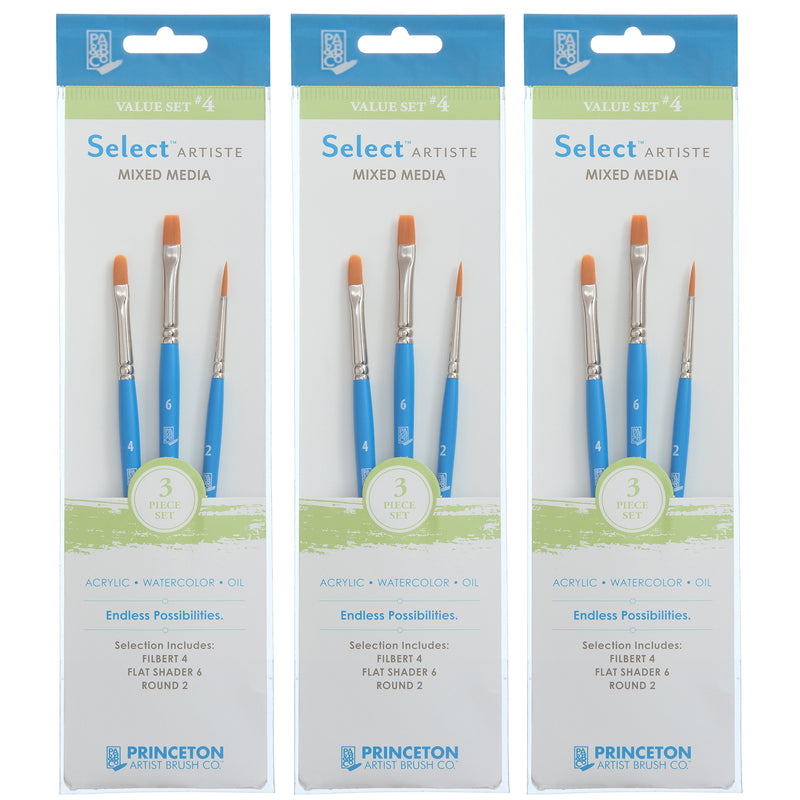 Select Artiste Brush Set No. 4, Synthetic Bristles, Short Handle Mixed Media Paintbrush, Jewel Blue, 3 Per Set, 3 Sets