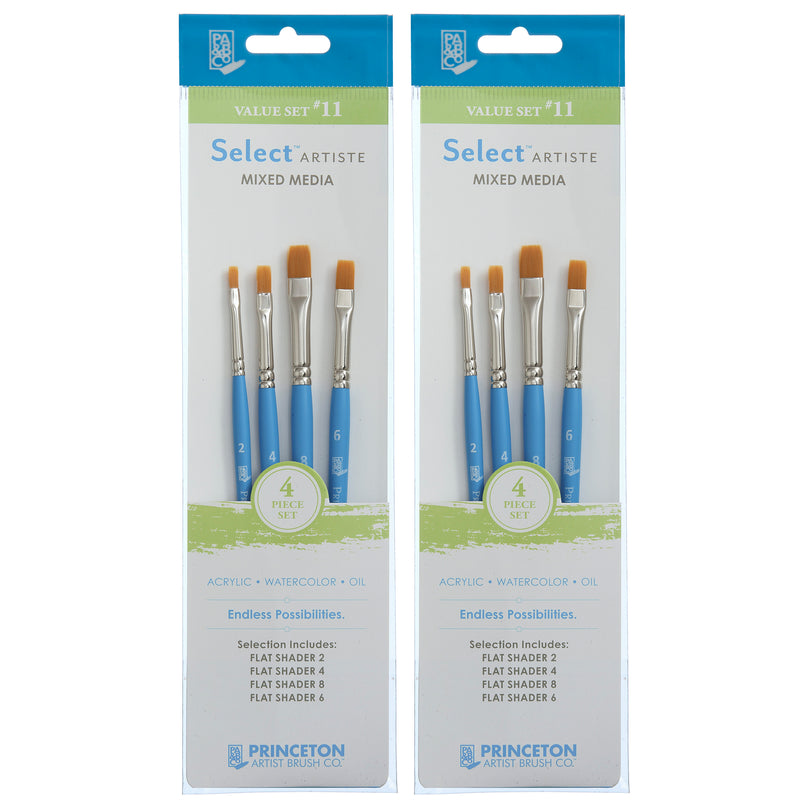 Select Artiste Brush Set No. 11, Synthetic Bristles, Short Handle Mixed Media Paintbrush, Jewel Blue, 4 Per Set, 2 Sets