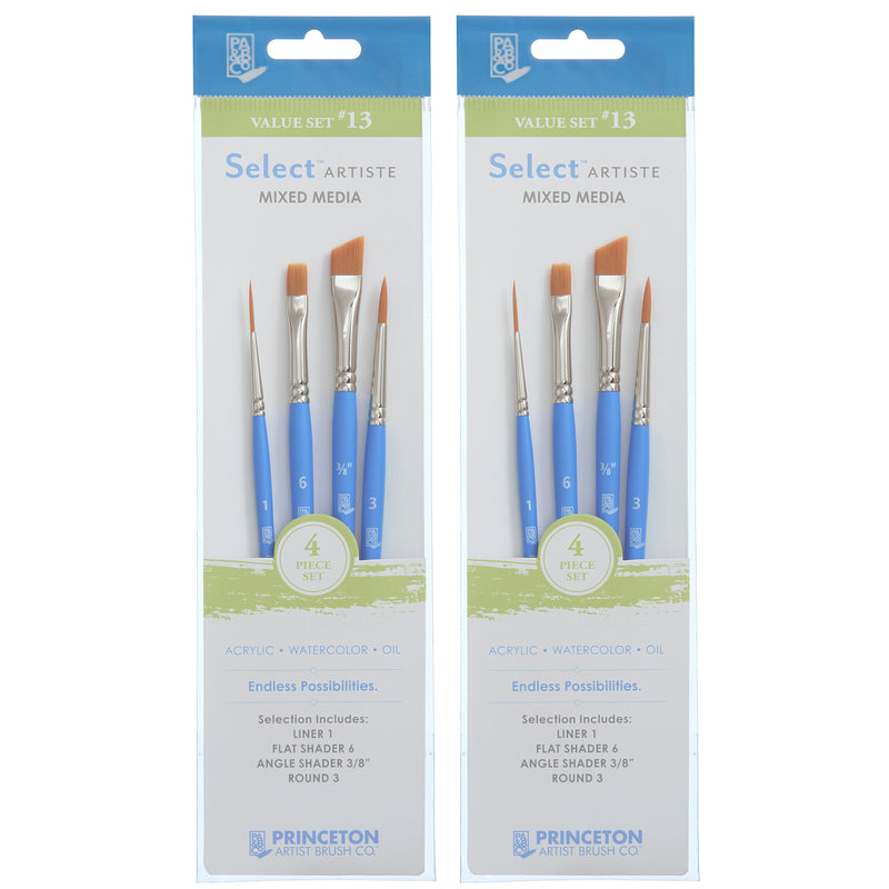 Select Artiste Brush Set No. 13, Synthetic Bristles, Short Handle Mixed Media Paintbrush, Jewel Blue, 4 Per Set, 2 Sets