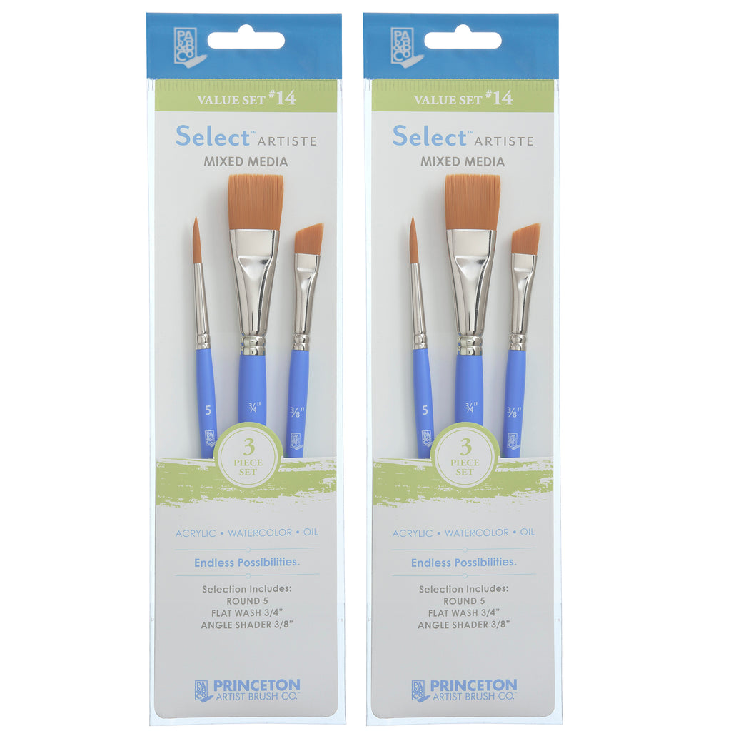 Select Artiste Brush Set No. 14, Synthetic Bristles, Short Handle Mixed Media Paintbrush, Jewel Blue, 3 Per Set, 2 Sets