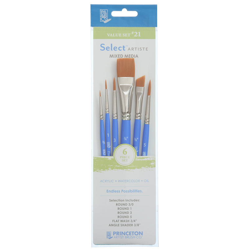 Select Artiste Brush Set No. 21, Synthetic Bristles, Short Handle Mixed Media Paintbrush, Jewel Blue, 6 Pieces