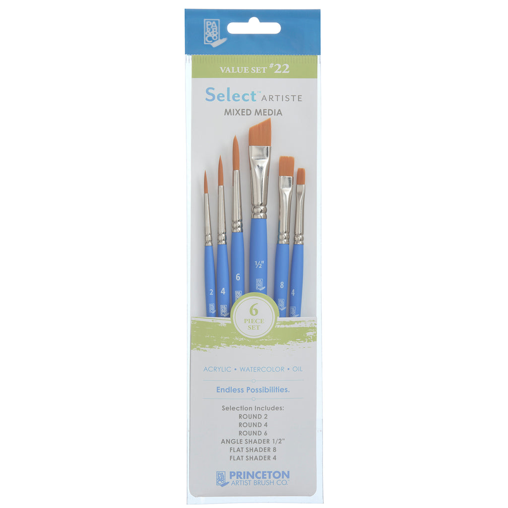 Select Artiste Brush Set No. 22, Synthetic Bristles, Short Handle Mixed Media Paintbrush, Jewel Blue, 6 Pieces