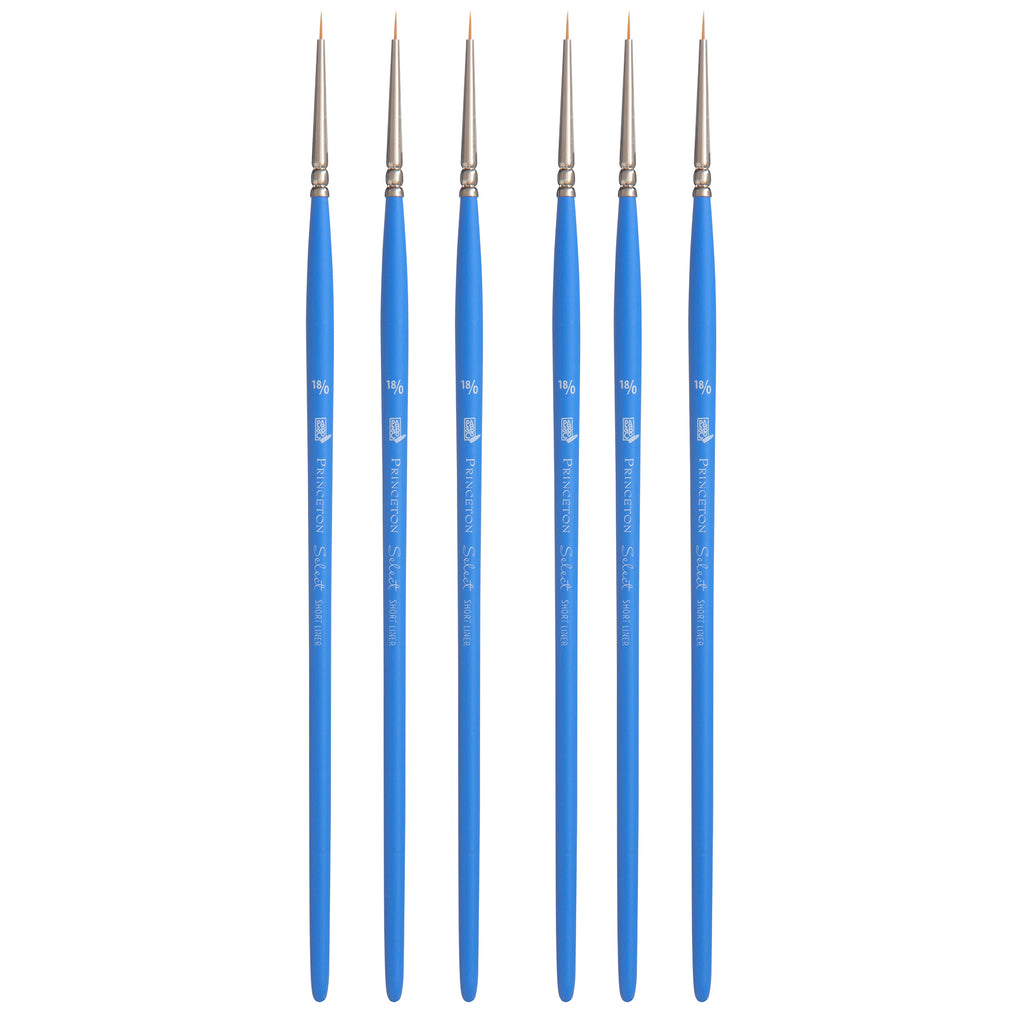 Select Artiste Short Liner Brush, Synthetic Bristles, Short Handle Mixed Media Paintbrush, Jewel Blue, Size 18/0, Pack of 6