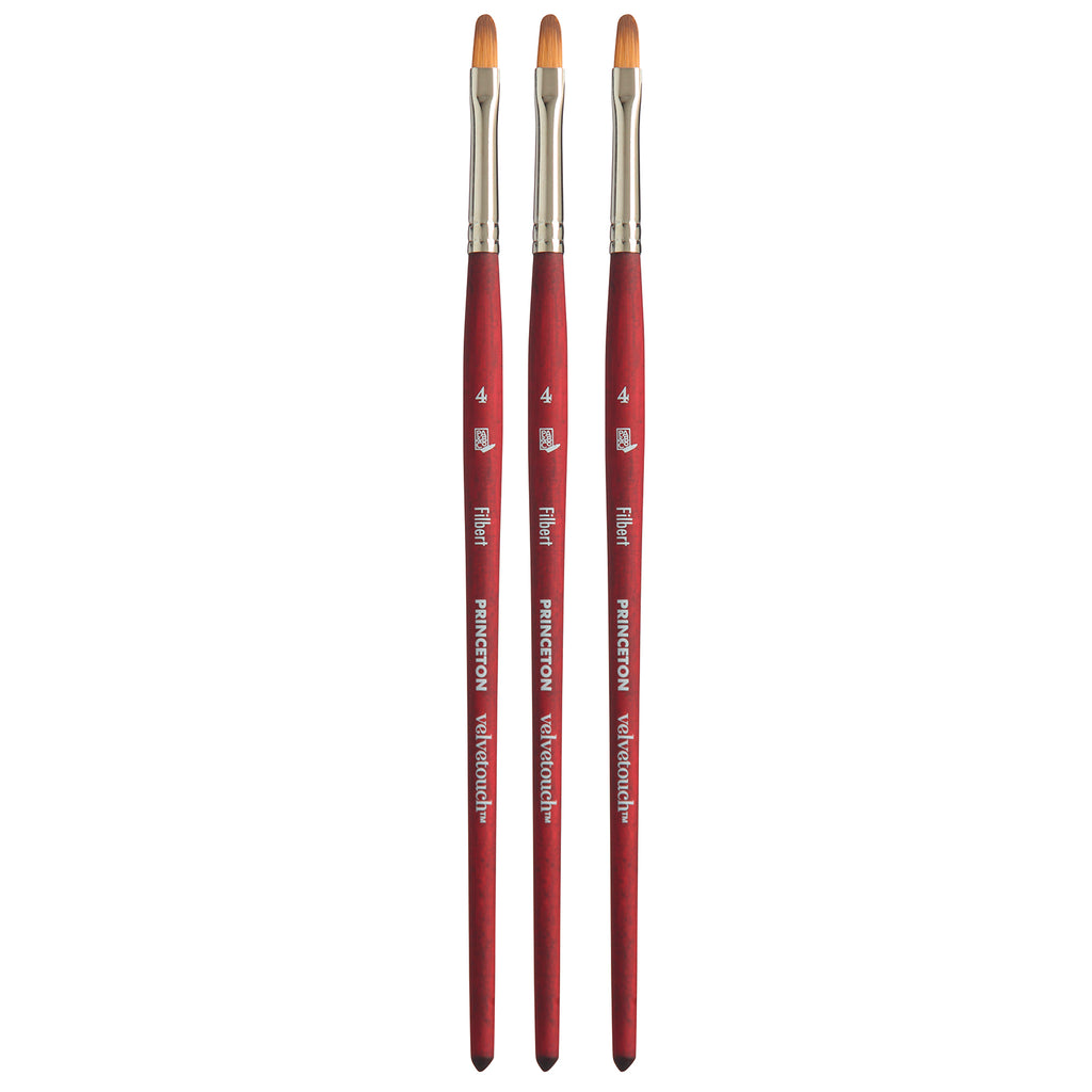 Velvetouch Filbert Brush, Synthetic Bristles, Short Handle Mixed Media Paintbrush, Scarlet, Size 4, Pack of 3