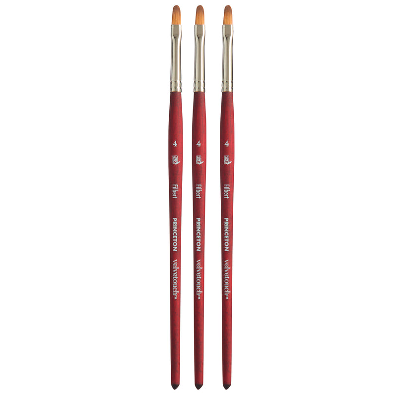 Velvetouch Filbert Brush, Synthetic Bristles, Short Handle Mixed Media Paintbrush, Scarlet, Size 4, Pack of 3