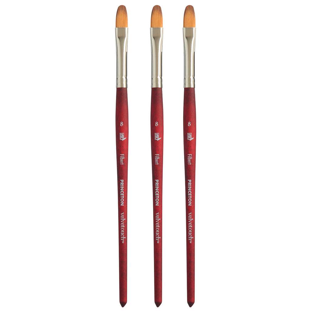 Velvetouch Filbert Brush, Synthetic Bristles, Short Handle Mixed Media Paintbrush, Scarlet, Size 8, Pack of 3