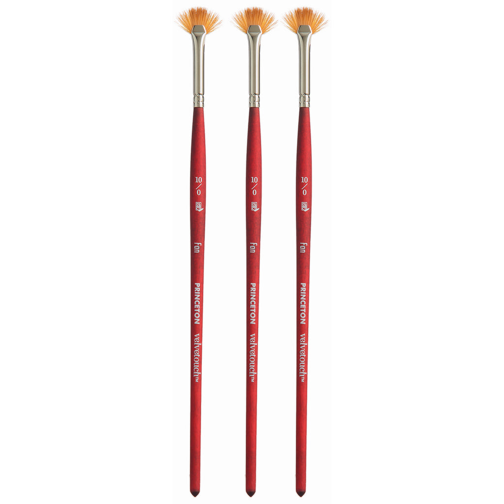 Velvetouch Fan Brush, Synthetic Bristles, Short Handle Mixed Media Paintbrush, Scarlet, Size 10/0, Pack of 3