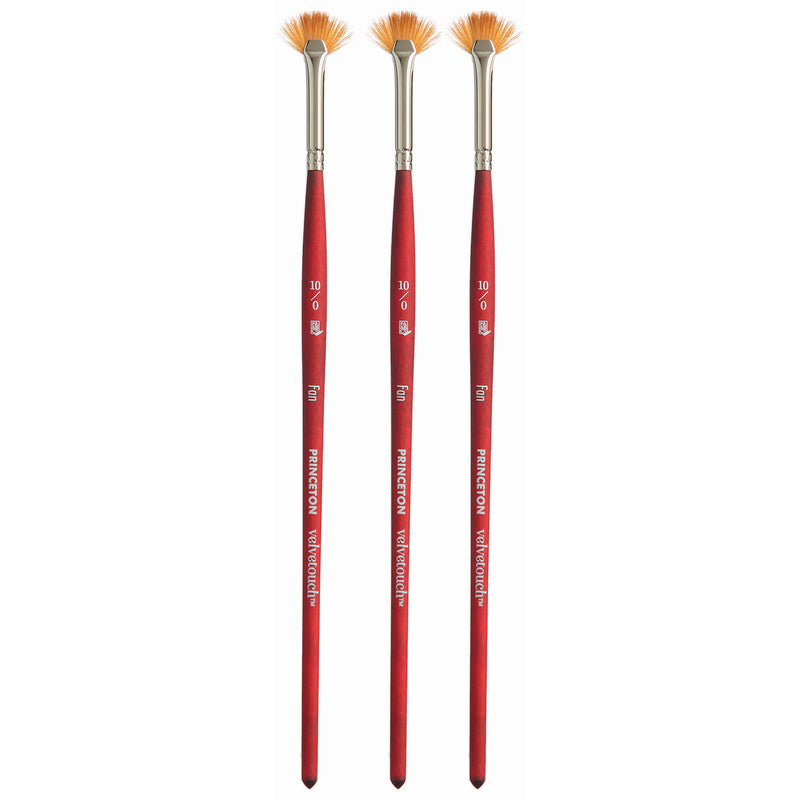 Velvetouch Fan Brush, Synthetic Bristles, Short Handle Mixed Media Paintbrush, Scarlet, Size 10/0, Pack of 3