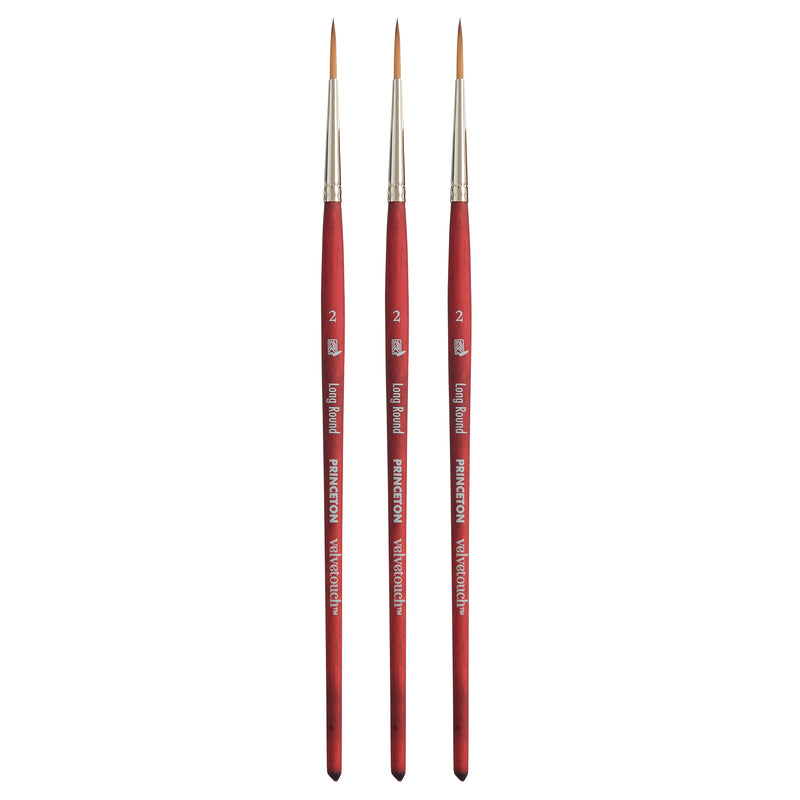Velvetouch Long Round Brush, Synthetic Bristles, Short Handle Mixed Media Paintbrush, Scarlet, Size 2, Pack of 3