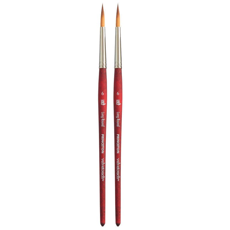 Velvetouch Long Round Brush, Synthetic Bristles, Short Handle Mixed Media Paintbrush, Scarlet, Size 6, Pack of 2