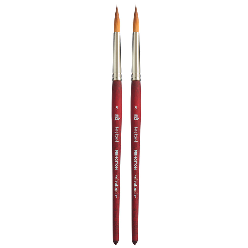 Velvetouch Long Round Brush, Synthetic Bristles, Short Handle Mixed Media Paintbrush, Scarlet, Size 8, Pack of 2