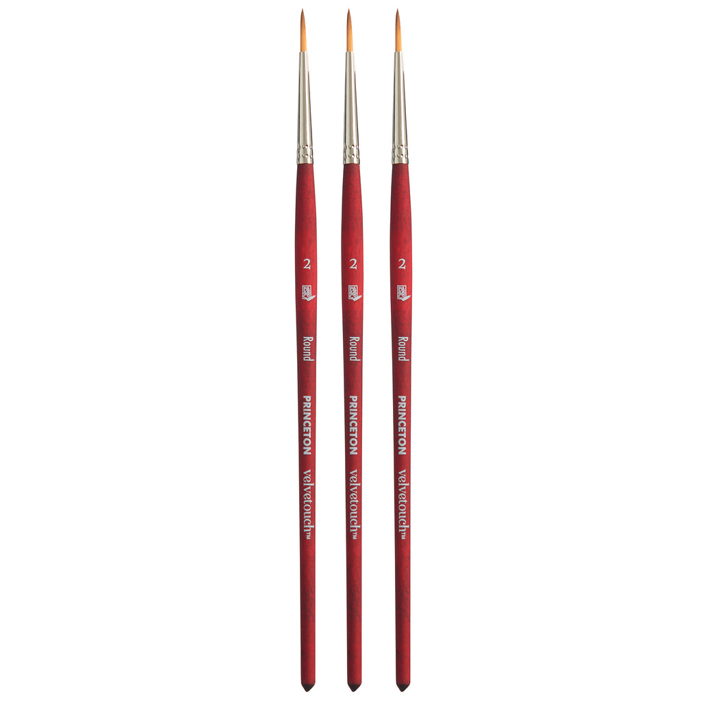 Velvetouch Round Brush, Synthetic Bristles, Short Handle Mixed Media Paintbrush, Scarlet, Size 2, Pack of 3