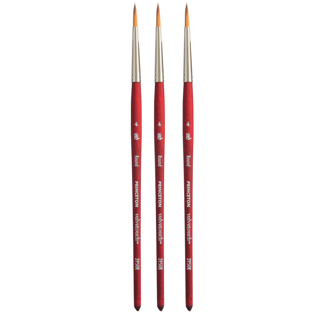 Velvetouch Round Brush, Synthetic Bristles, Short Handle Mixed Media Paintbrush, Scarlet, Size 4, Pack of 3