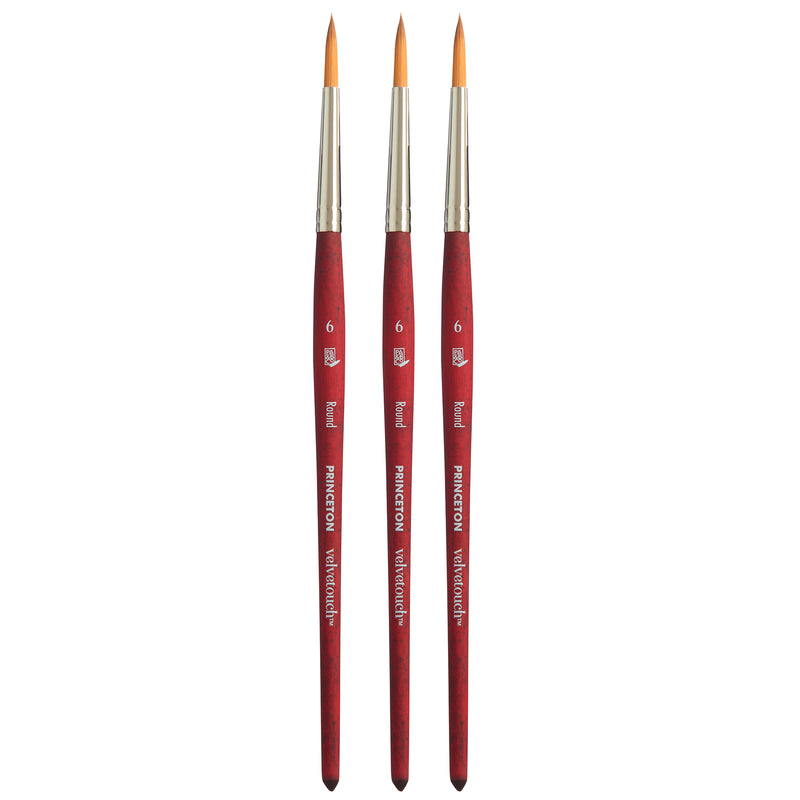 Velvetouch Round Brush, Synthetic Bristles, Short Handle Mixed Media Paintbrush, Scarlet, Size 6, Pack of 3