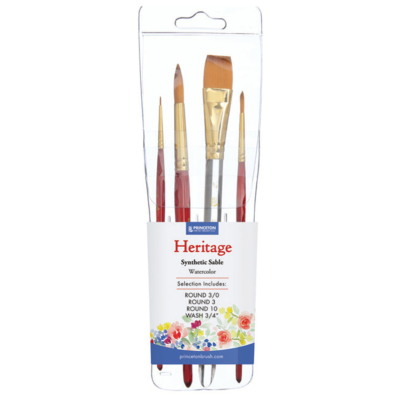 Heritage Brush Set, Synthetic Bristles, Short Handle Watercolor Paintbrush, Scarlet, 4 Pieces