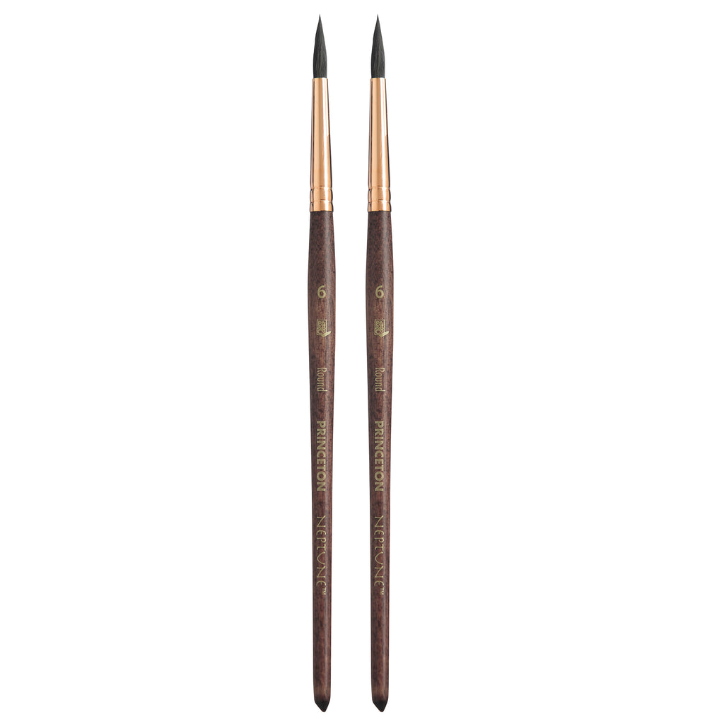 Neptune Round Brush, Synthetic Bristles, Short Handle Watercolor Paintbrush, Dark Wood, Size 6, Pack of 2
