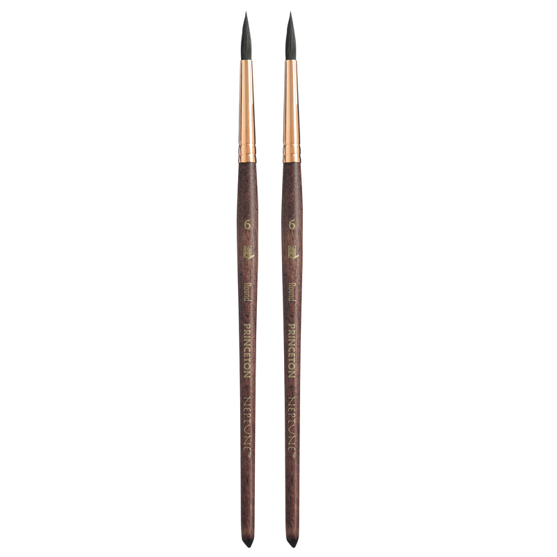 Neptune Round Brush, Synthetic Bristles, Short Handle Watercolor Paintbrush, Dark Wood, Size 6, Pack of 2