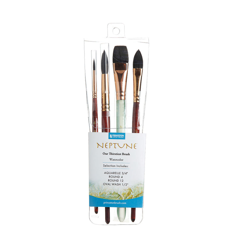 Neptune Watercolor Brush Set, Synthetic Bristles, Short Handle Watercolor Paintbrush, Dark Wood, 4 Pieces