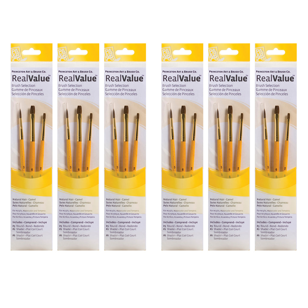 RealValue Brush Set, Camel Bristles, Short Handle Mixed Media Paintbrush, Brown, 3 Per Set, 6 Sets