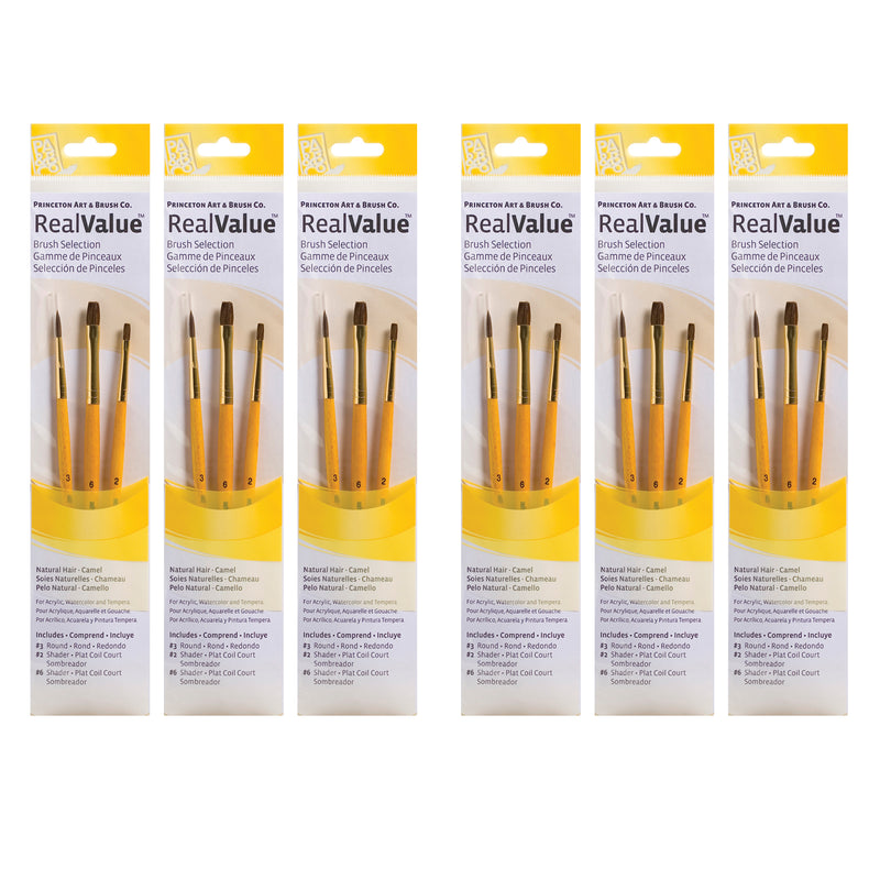 RealValue Brush Set, Camel Bristles, Short Handle Mixed Media Paintbrush, Brown, 3 Per Set, 6 Sets