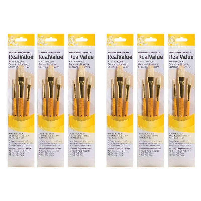 RealValue Brush Set, Natural Bristles, Short Handle Mixed Media Paintbrush, Yellow, 3 Per Set, 6 Sets