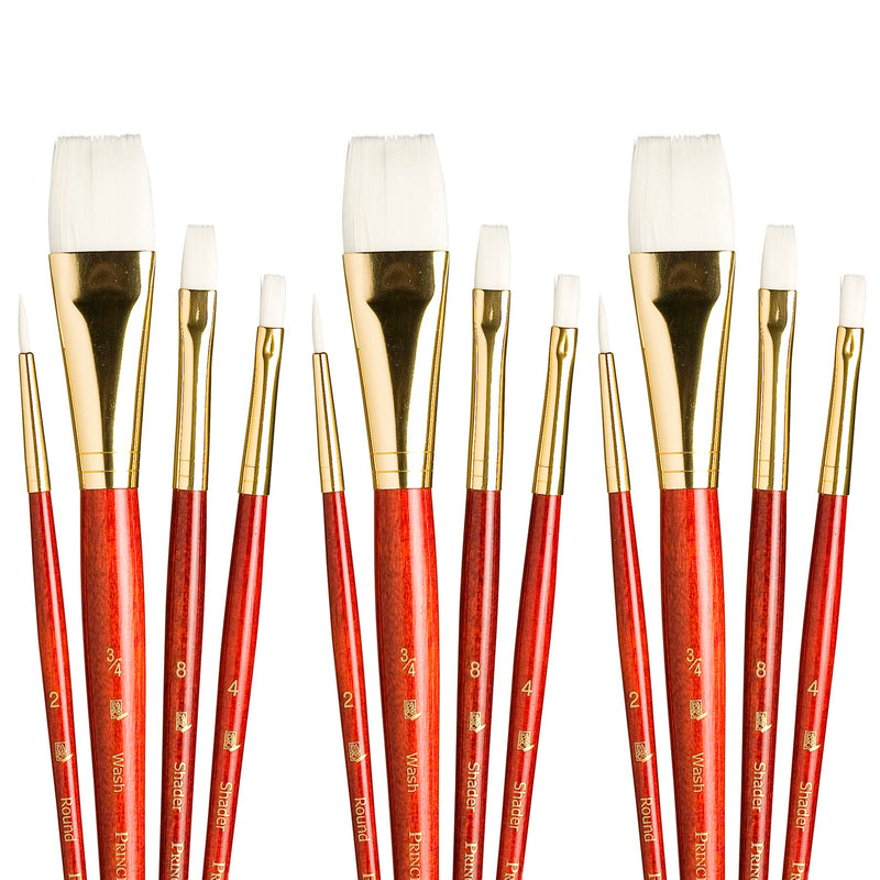 RealValue Brush Set, White Taklon Bristles, Short Handle Mixed Media Paintbrush, Red, 4 Per Set, 3 Sets