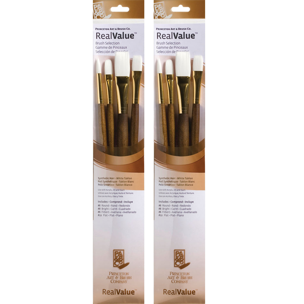 RealValue Brush Set, White Taklon Bristles, Long Handle Mixed Media Paintbrush, Brown, 4 Per Set, 2 Sets