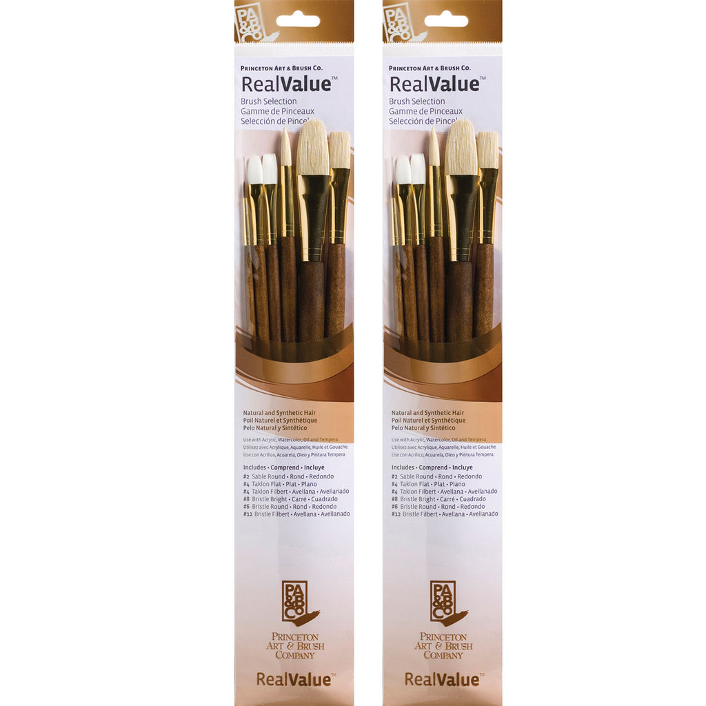 RealValue Brush Set, Natural Bristles, Long Handle Mixed Media Paintbrush, Brown, 6 Per Set, 2 Sets