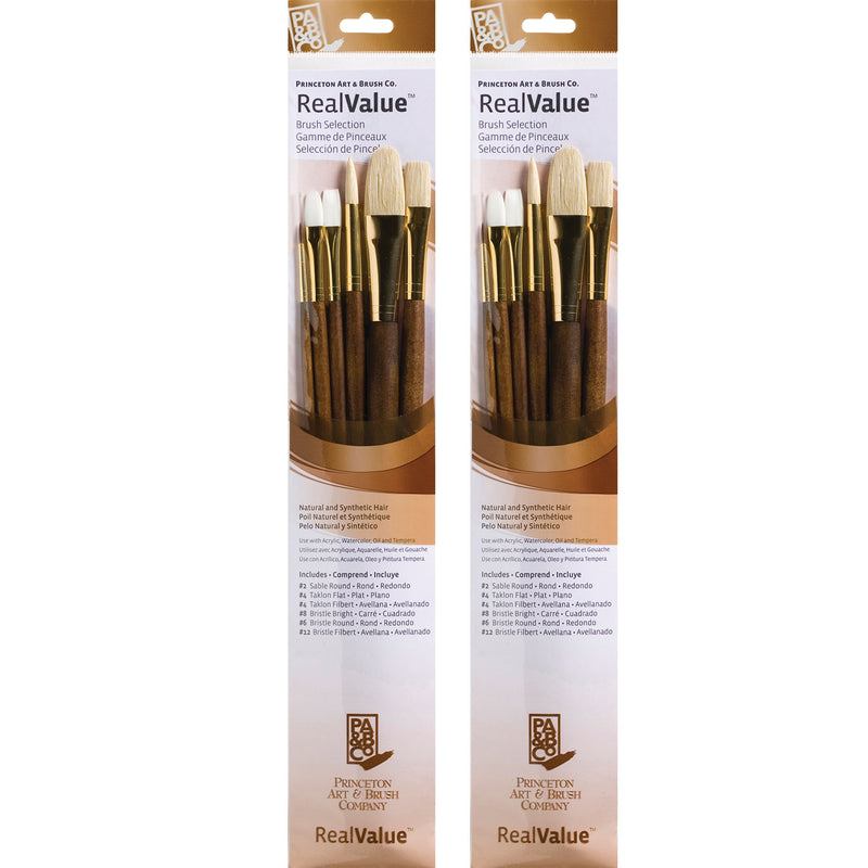 RealValue Brush Set, Natural Bristles, Long Handle Mixed Media Paintbrush, Brown, 6 Per Set, 2 Sets