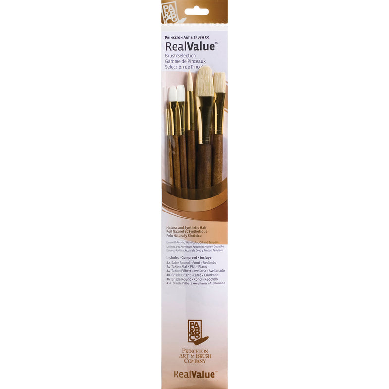 Realvalue Brush Set 6ct Long Brown Natural & Synthetic Bristles