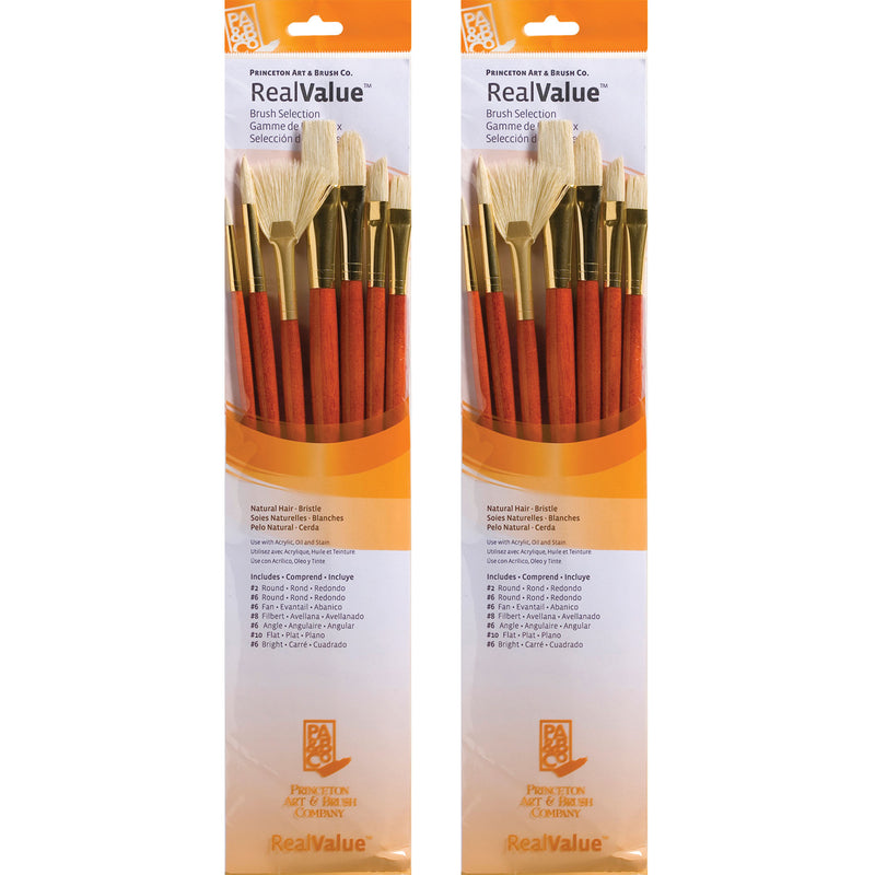 RealValue Brush Set, Natural Bristles, Long Handle Mixed Media Paintbrush, Orange, 7 Per Set, 2 Sets